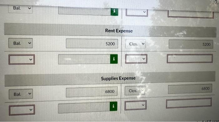 Rent Expense Bal. 5200 Clos, v Supplies Expense Bal. Clos