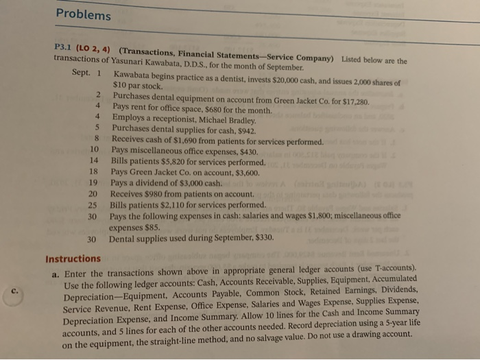 journal entries Problems 4 4 P3.1 (LO 2, 4) (Transactions, Financial Statements-Service