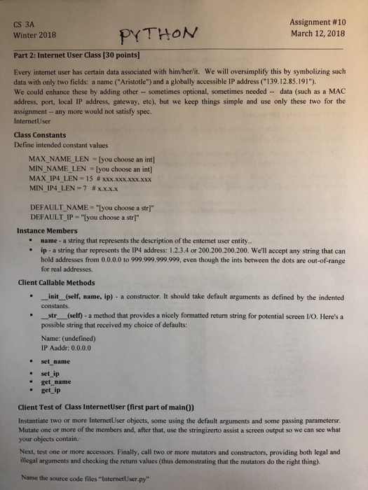  CS 3A Winter 2018 PYTHON Assignment #10 March 12, 2018 Part