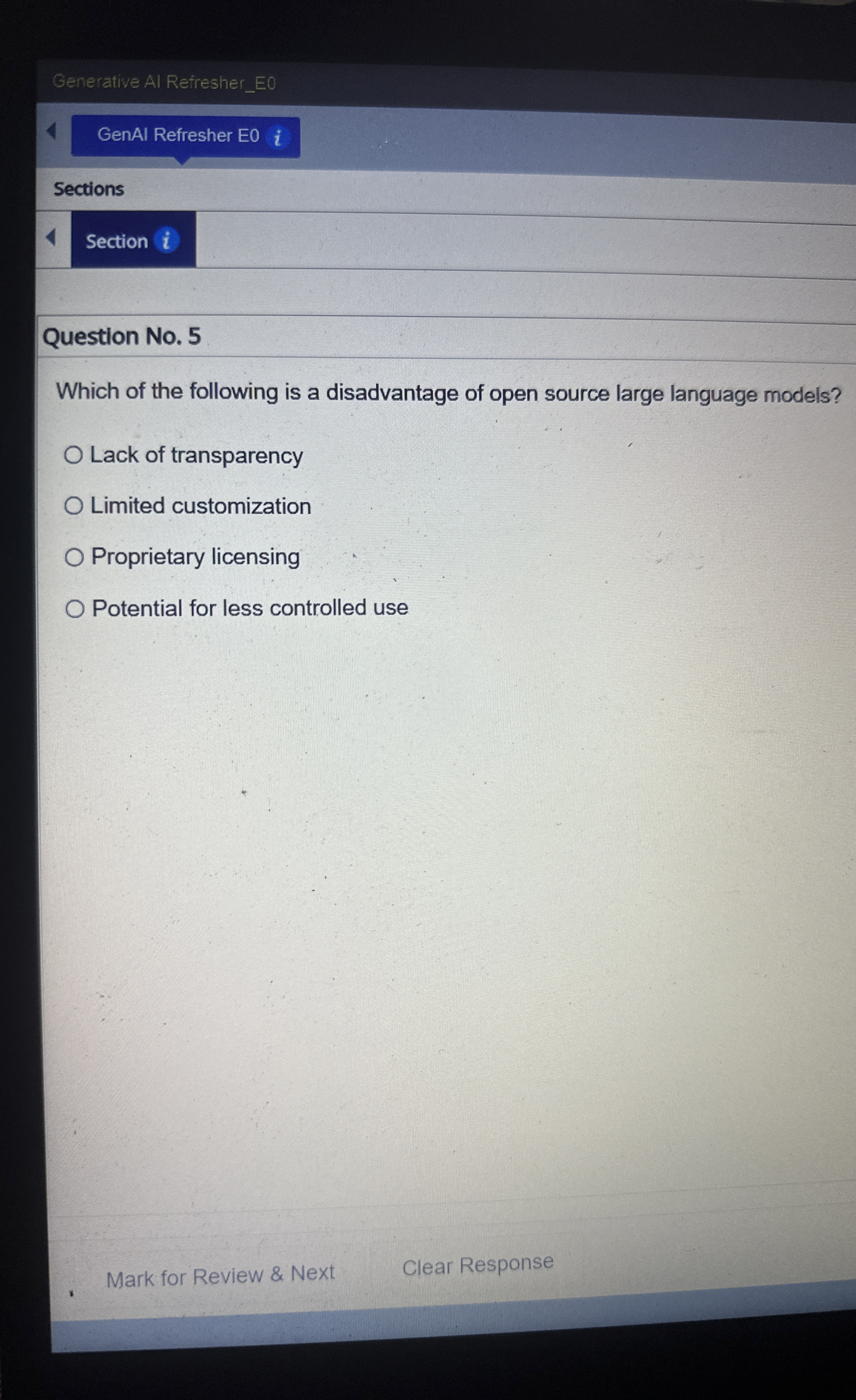  Generative Al Refresher_E0 GenAl Refresher E0i Sections Section i Question No.5