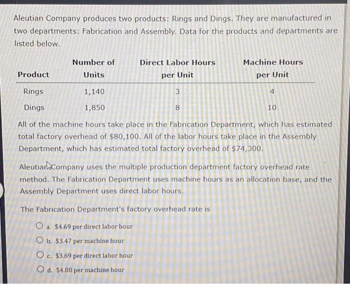 :) Product Number of Units Direct Labor Hours per Unit Rings 1,140