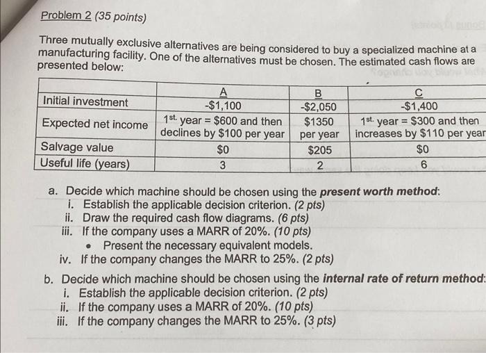  Problem 2 (35 points) lg Three mutually exclusive alternatives are being