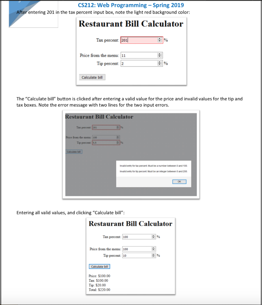 tax percent input box, note the light red background color Restaurant Bill