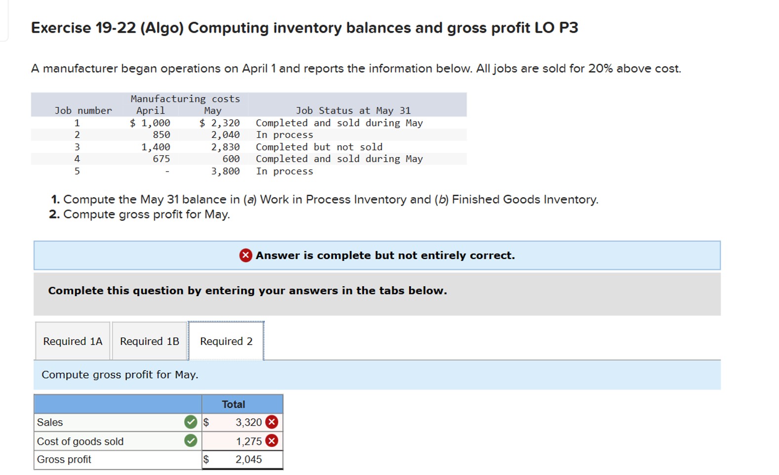 Exercise 19-22(Algo) Computing inventory balances and gross profit LO P3 A