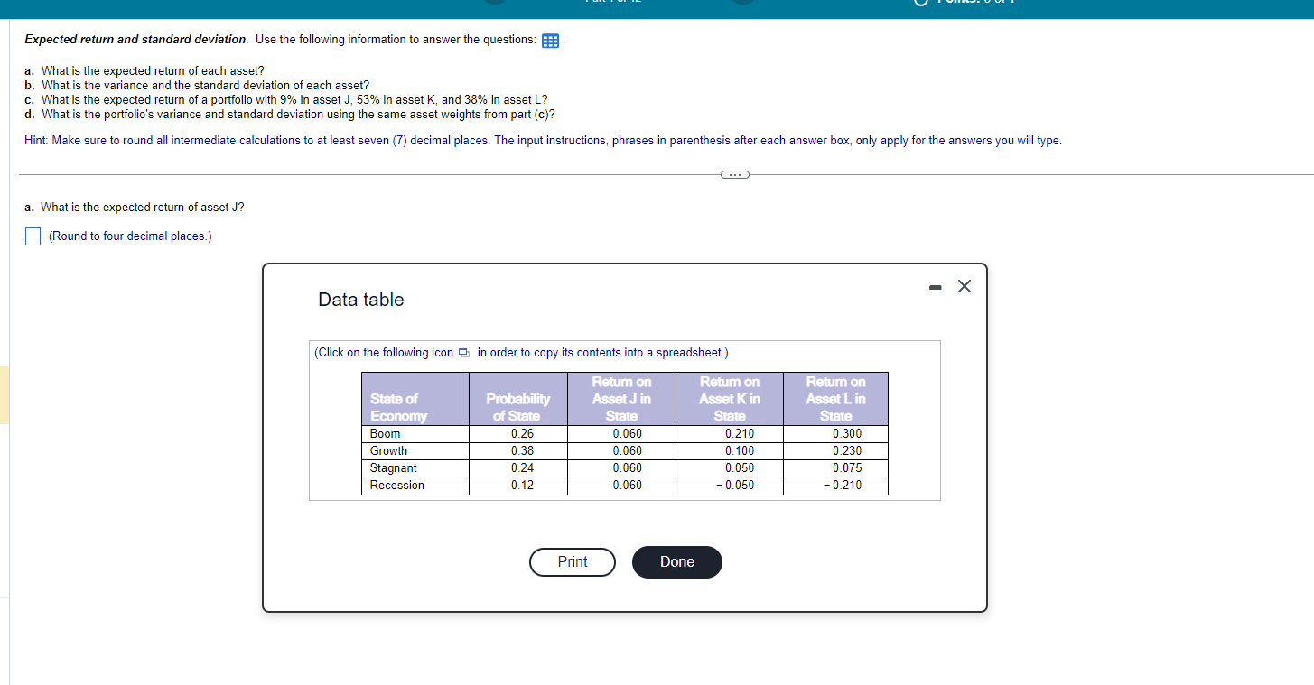 Expected return and standard deviation. Use the following information to answer