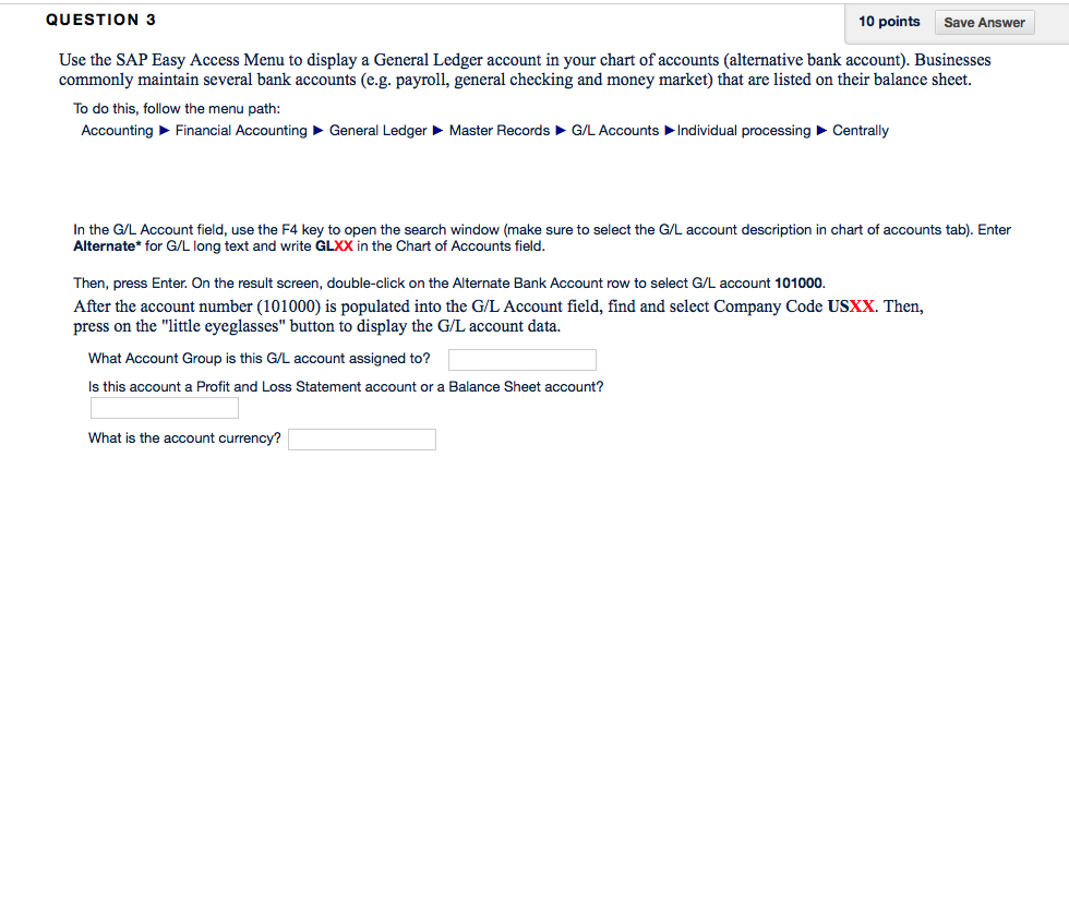 Menu to review a listing of the General Ledger (G/L) accounts that
