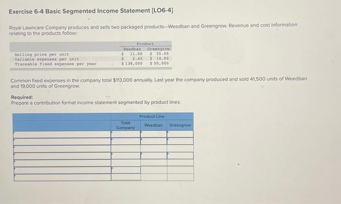  Exercise 6-4 Basic Segmented Income Statement [LO6-4] Royal Lawncare Company produces