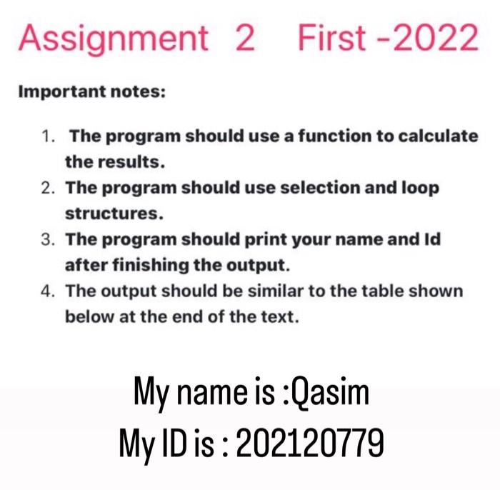  Important notes: 1. The program should use a function to calculate