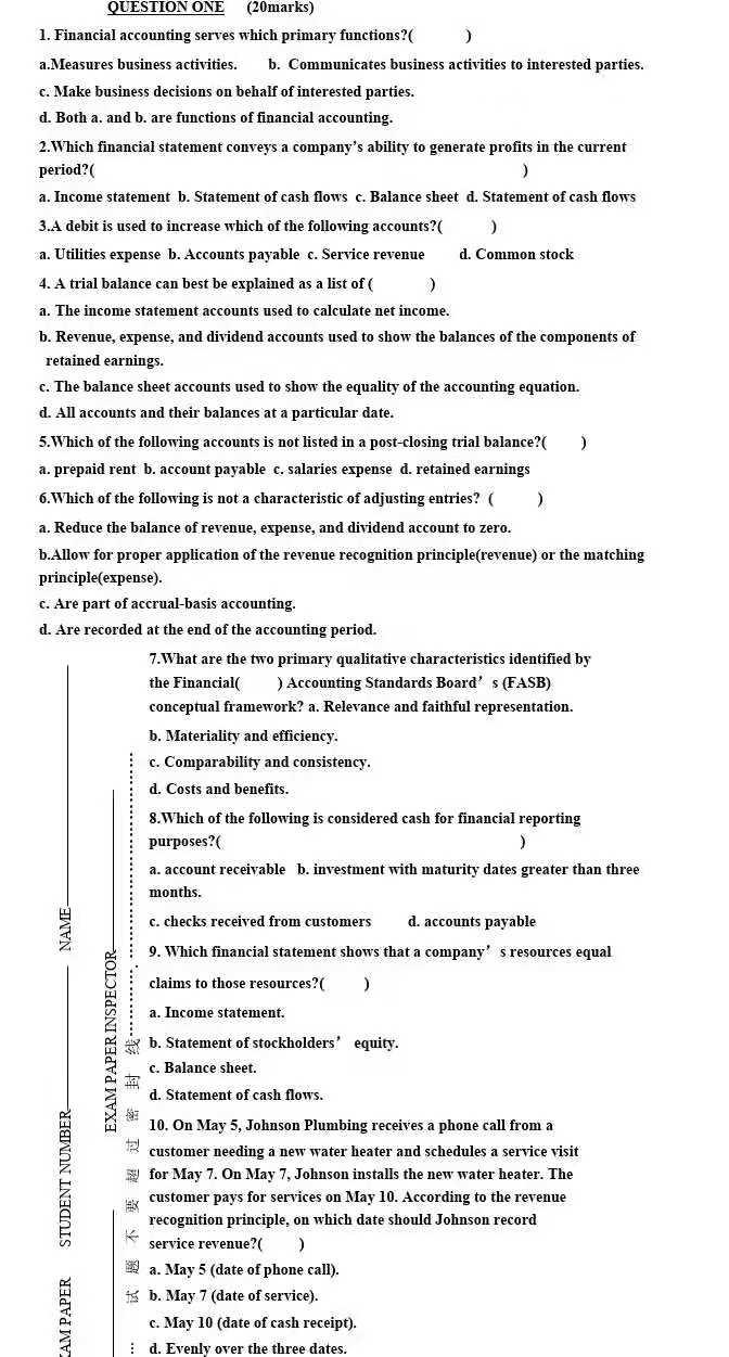 QUESTION ONE (20marks) 1. Financial accounting serves which primary functions? a.