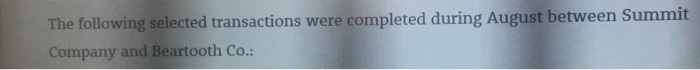 following selected transactions were completed during August between Summit Company and Beartooth