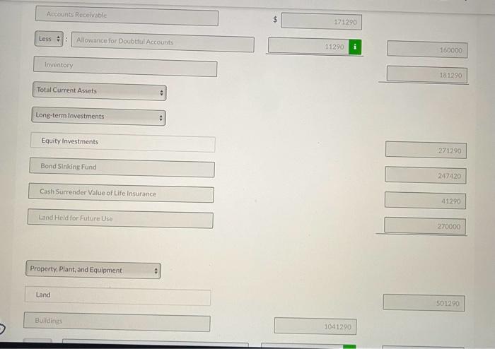 presented. 1. The current assets section includes cash $151,290, accounts receivable $171,290