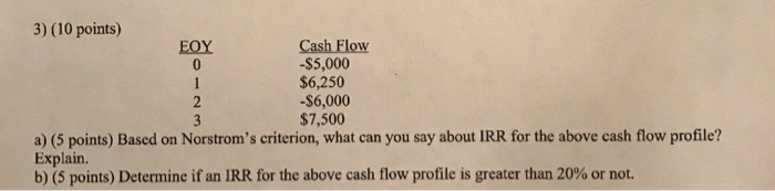  1 3) (10 points) EOY Cash Flow 0 -$5,000 $6,250 2