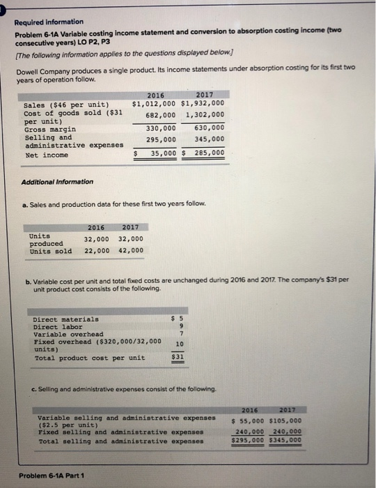  Required information Problem 6-1A Variable costing income statement and conversion to
