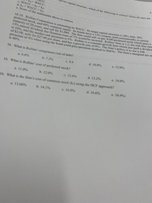  ko> WACC 6. WACC>k>ka dk > WACC ke e. None of