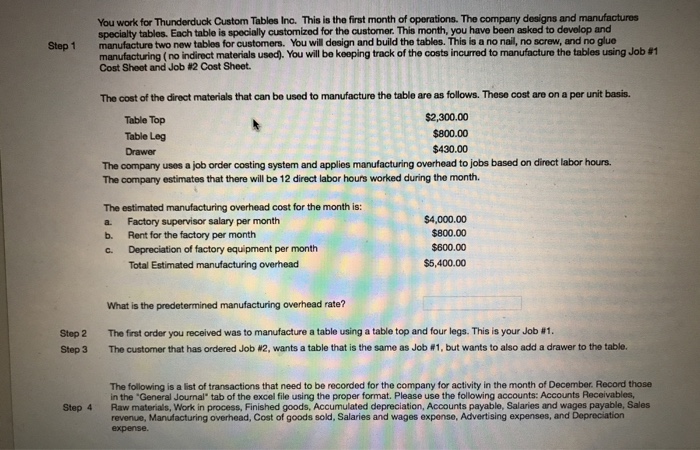  You work for Thunderduck Custom Tables Inc. This is the first