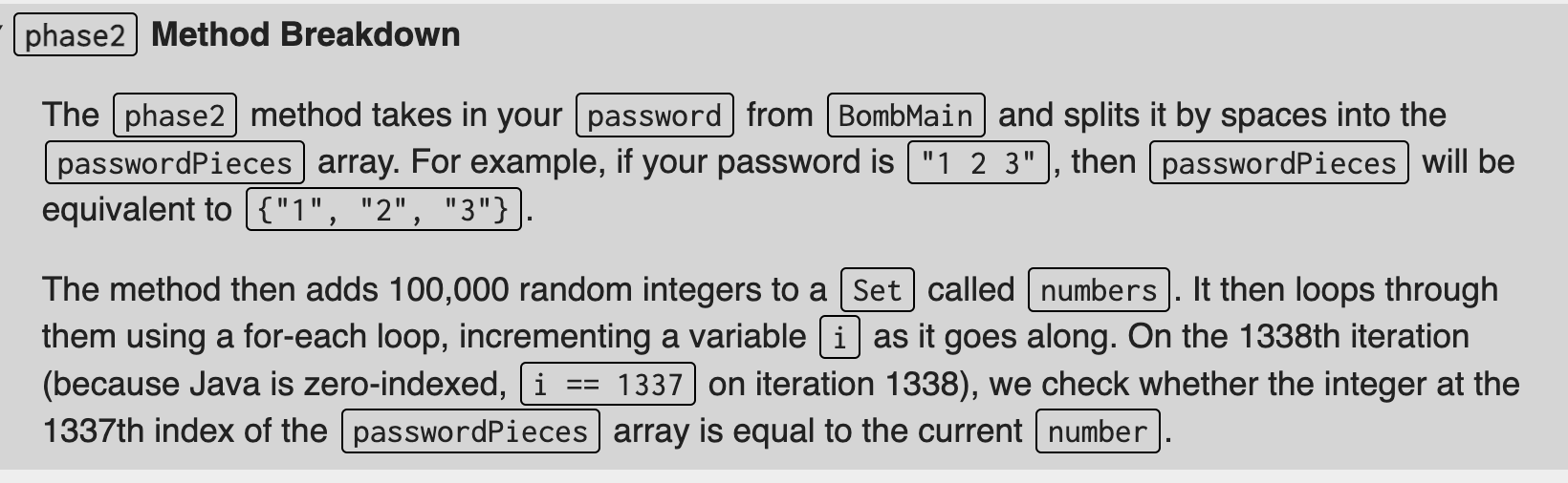write a java method with the following conditions i= 1337 password =