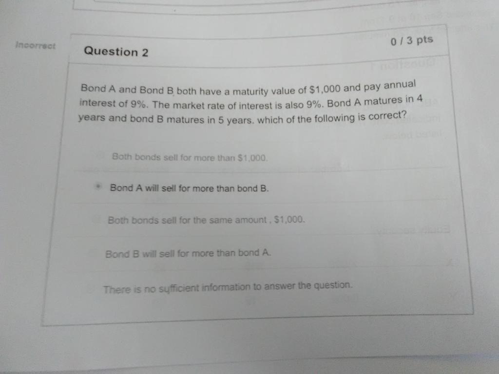  Incorrect 0/3 pts Question 2 Bond A and Bond B both