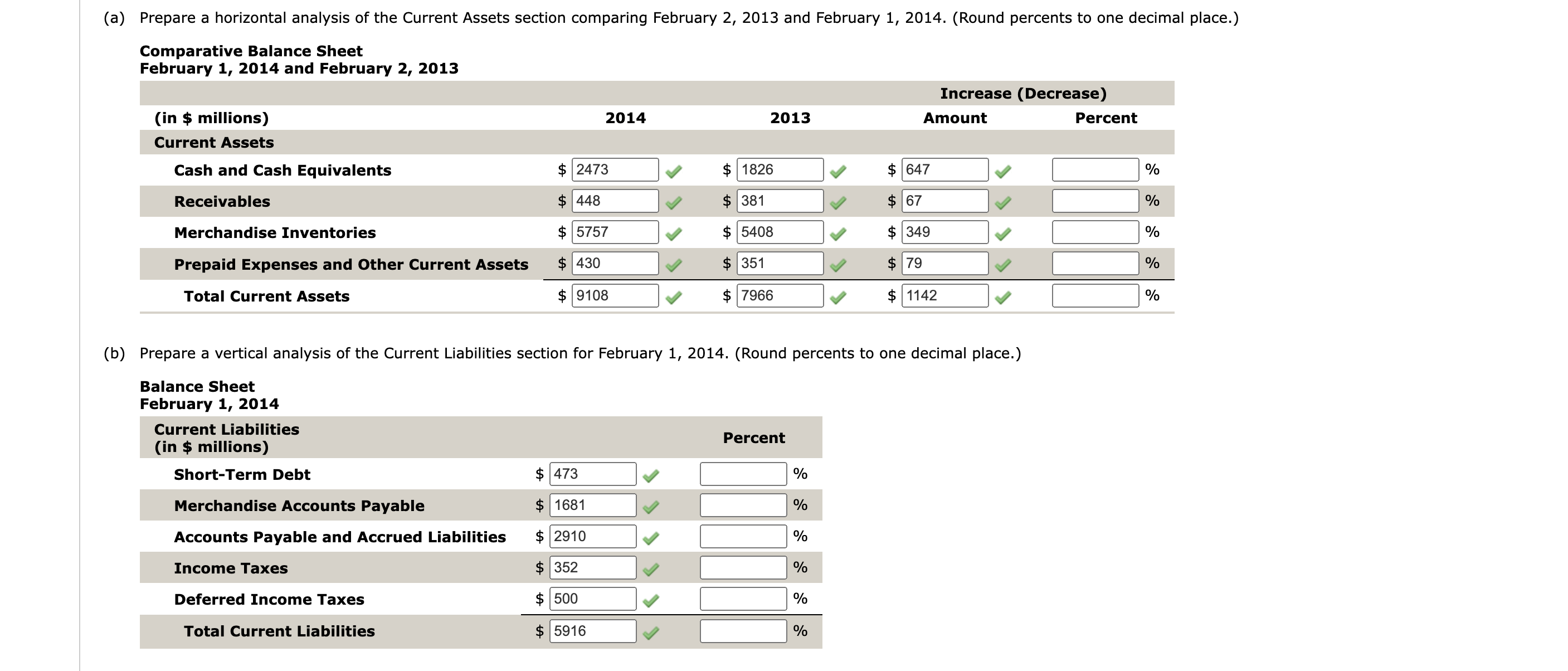  (a) Prepare a horizontal analysis of the Current Assets section comparing