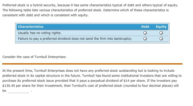  Preferred stock is a hybrid security, because it has some characteristics