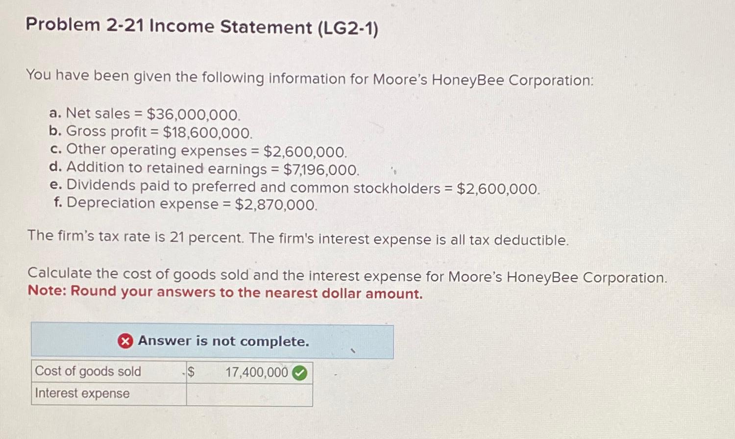  Problem 2-21 Income Statement (LG2-1) You have been given the following