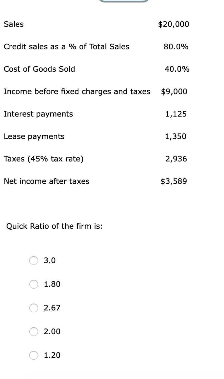 determine the appropriate ratios: ASSETS: LIABILITIES & STOCKHOLDERS EQUITY: Cash $ 2,000