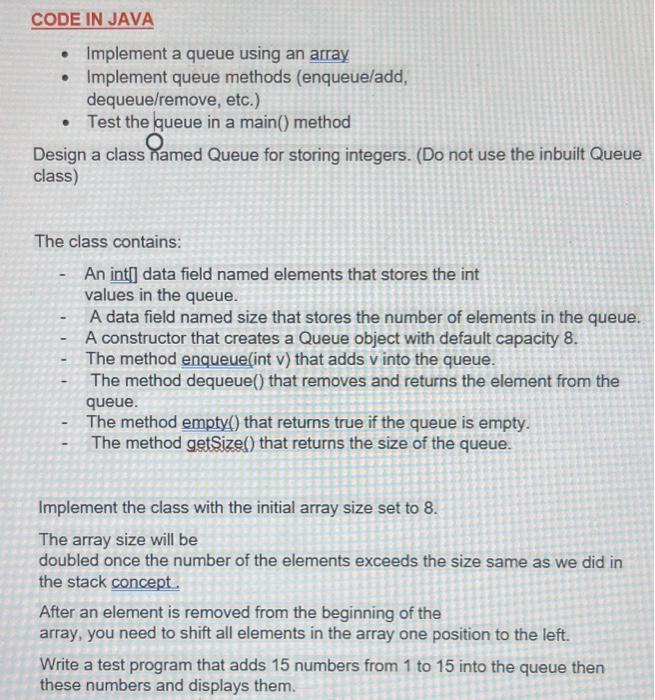  - Implement a queue using an array - Implement queue methods