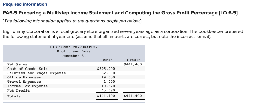 Required information PA6-5 Preparing a Multistep Income Statement and Computing the