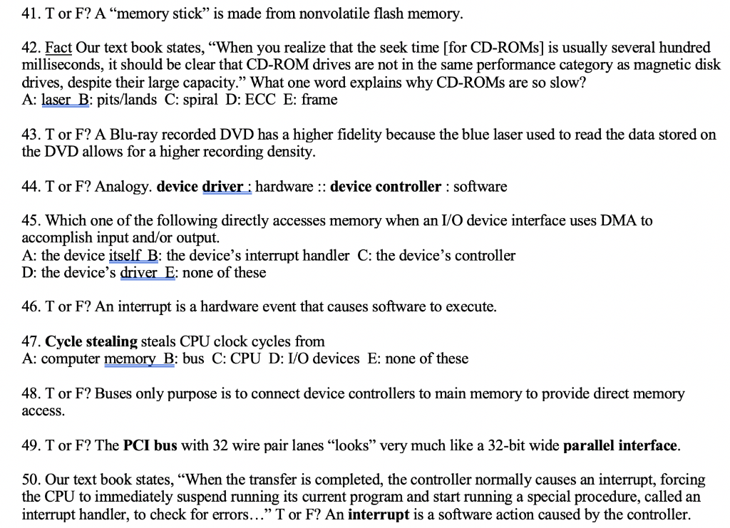 Quick computer science questions. Answer ALL 41-50 for positive rate. 41. T