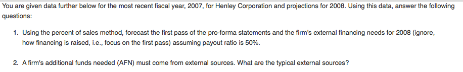  You are given data further below for the most recent fiscal