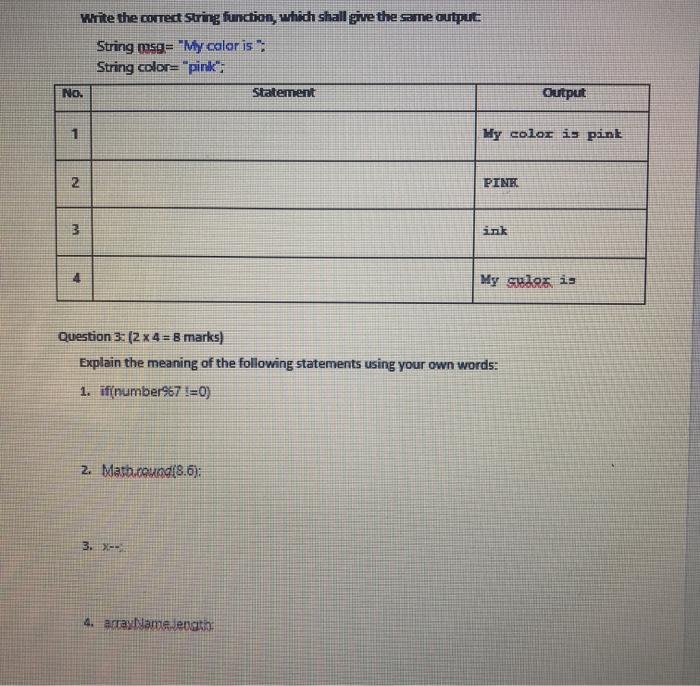  write the correct String function, which shall give the same output