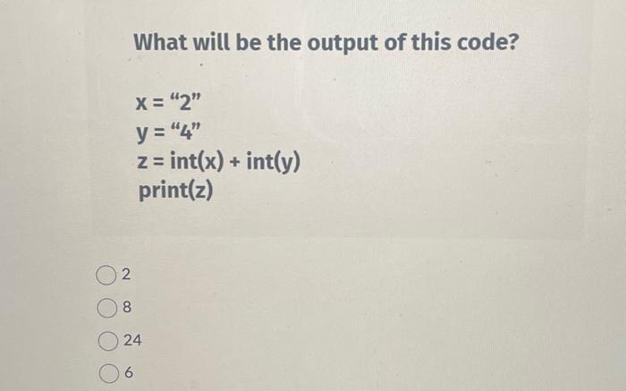  What will be the output of this code? [ egin{array}{l} x="