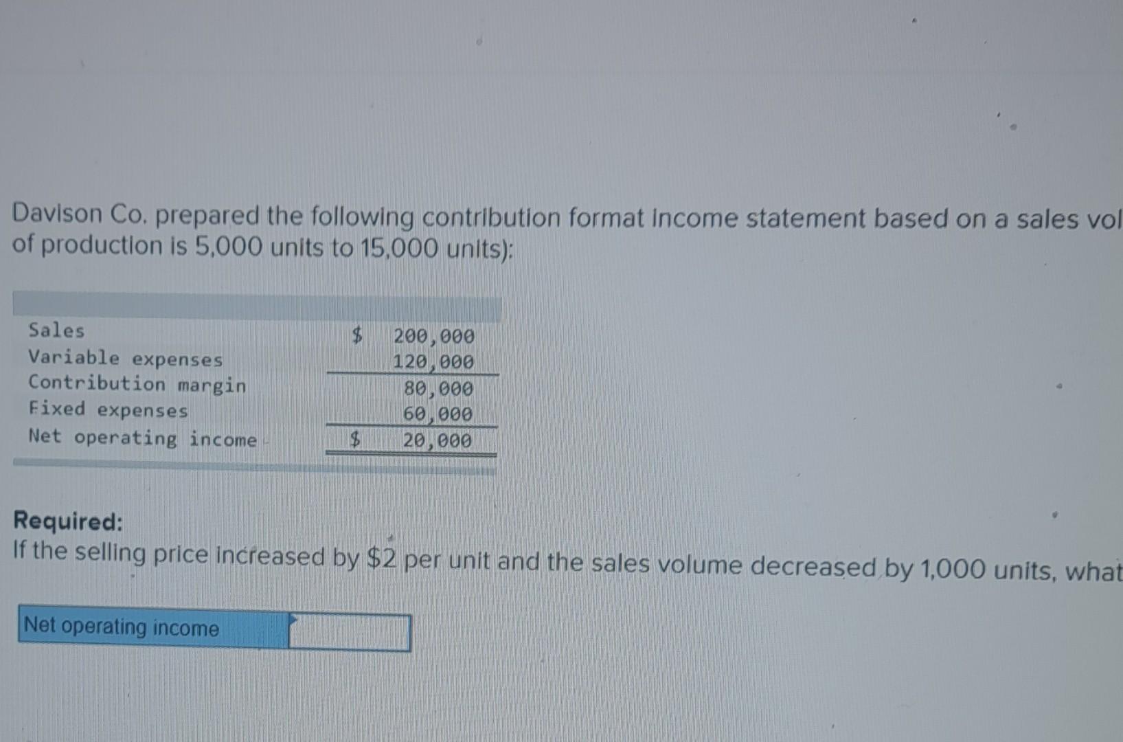  Davison Co. prepared the following contribution format income statement based on