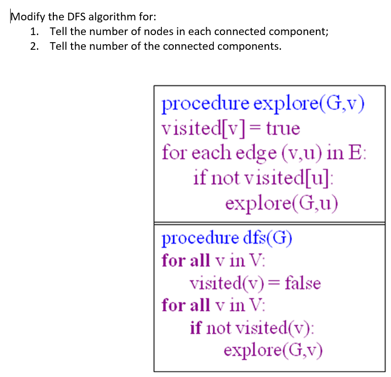 I needed help for this HW... Modify the DFS algorithm for 1.