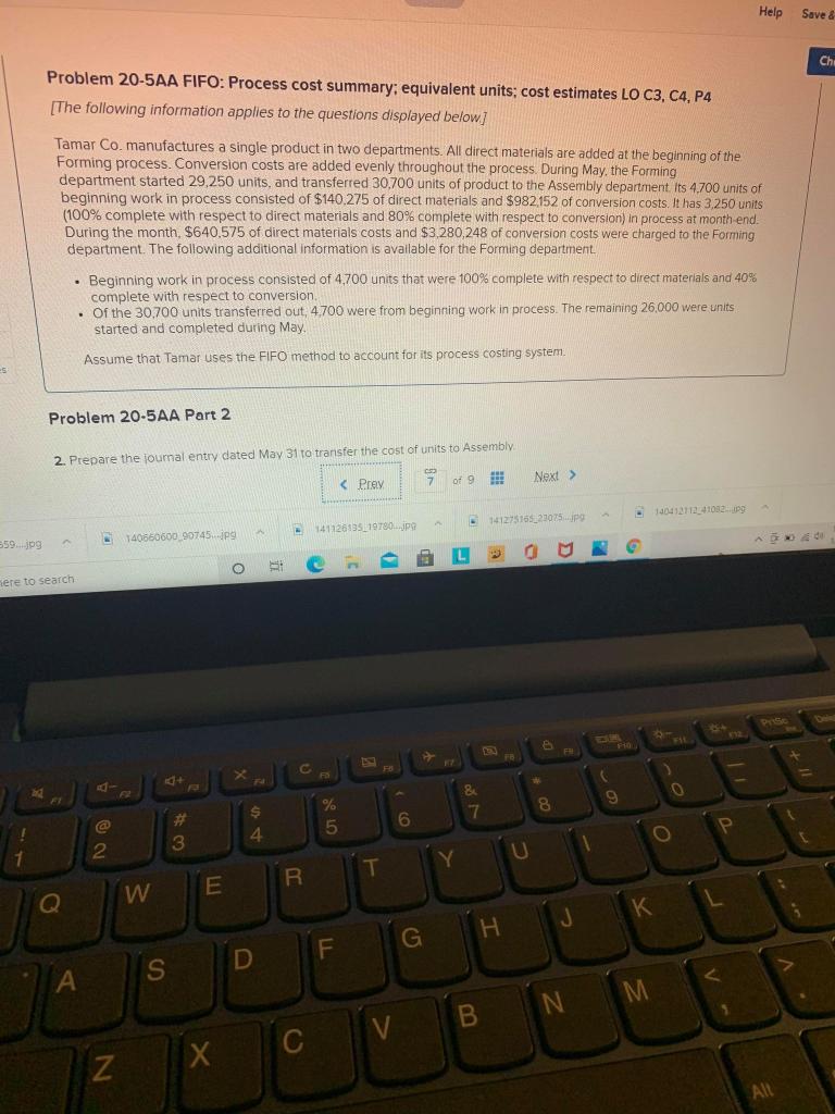  Help Save & Ch Problem 20-5AA FIFO: Process cost summary; equivalent