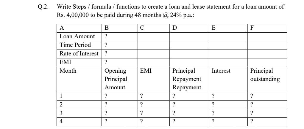 In excel with clear step. Thankyou. Q.2. Write Steps / formula/functions