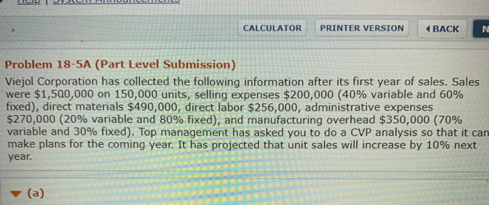  CALCULATOR PRINTER VERSION BACK N Problem 18-5A (Part Level Submission) Viejol