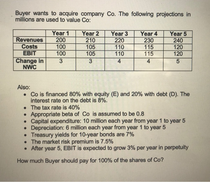 in millions are used to value Co: Year 1 200 100 100