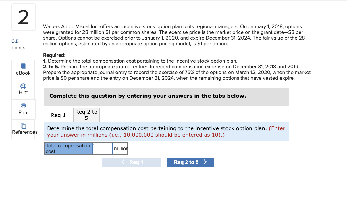 Req 2 to 5: - Record compensation expense on December 31, 2018.