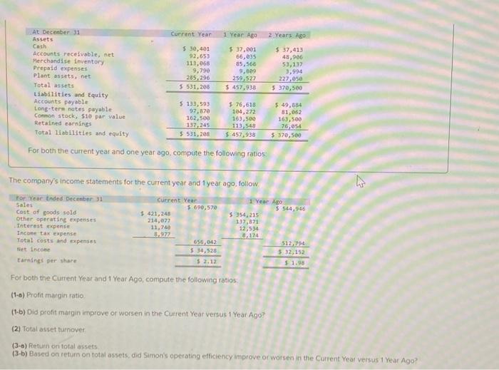  For both the current year and one year ago, compite the