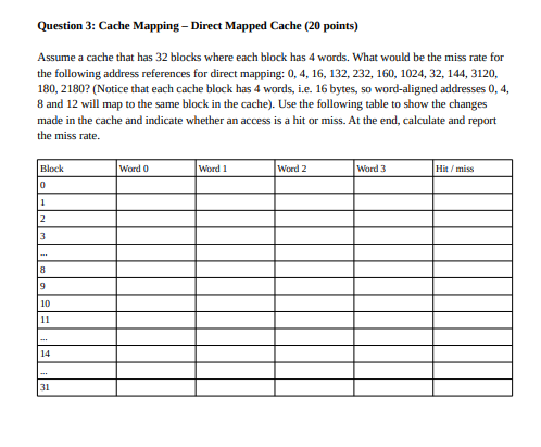 Can you please fill in the table? Question 3: Cache Mapping