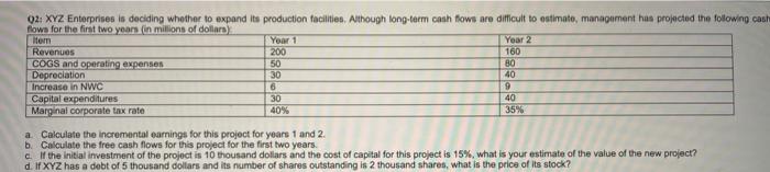 1 of 2 Question 1 5 points Q2: XYZ Enterprises is deciding
