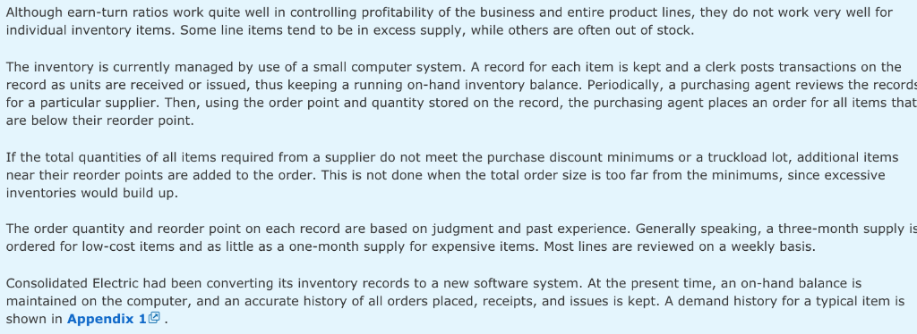 and president of the Consolidated Electric Company, reflected on his inventory management