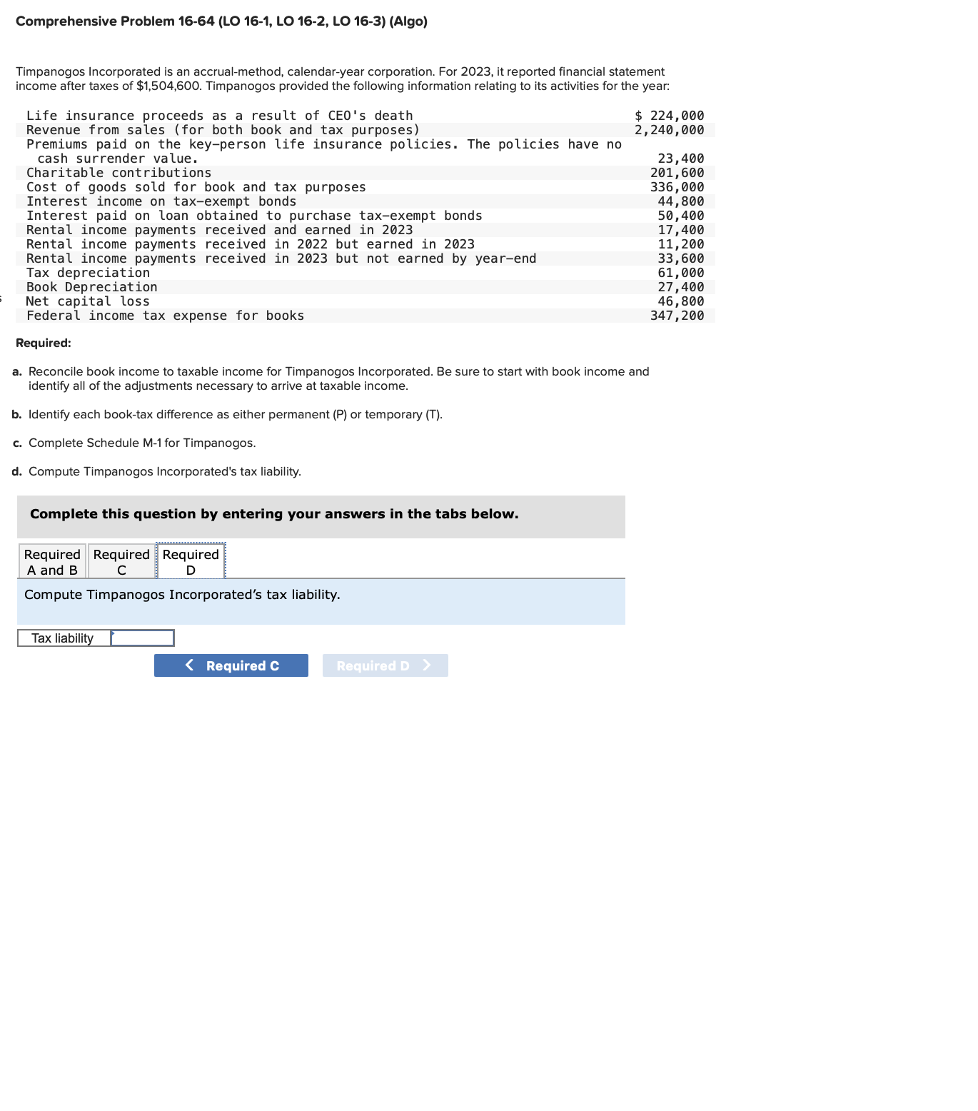  Comprehensive Problem 16-64(LO 16-1, LO 16-2, LO 16-3)(Algo) Timpanogos Incorporated is