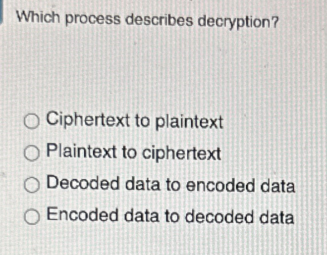  Which process describes decryption? Ciphertext to plaintext Plaintext to ciphertext Decoded