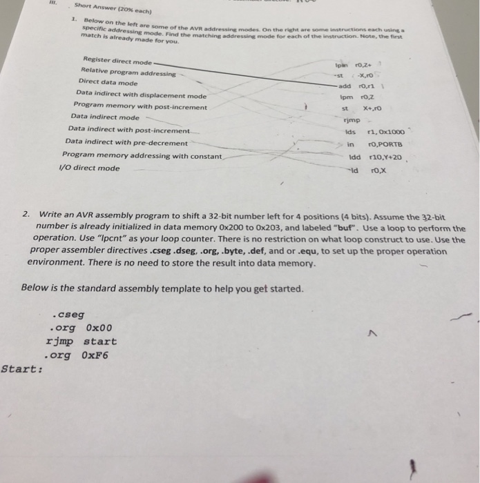  "'. Short Answer (20% each) . 1. specific addressing mode. Find