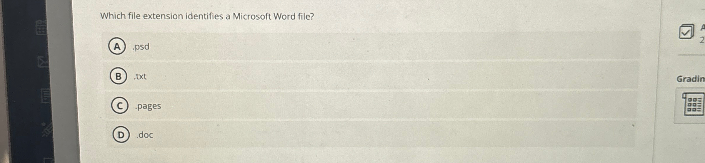  Which file extension identifies a Microsoft Word file? .psd .txt .pages