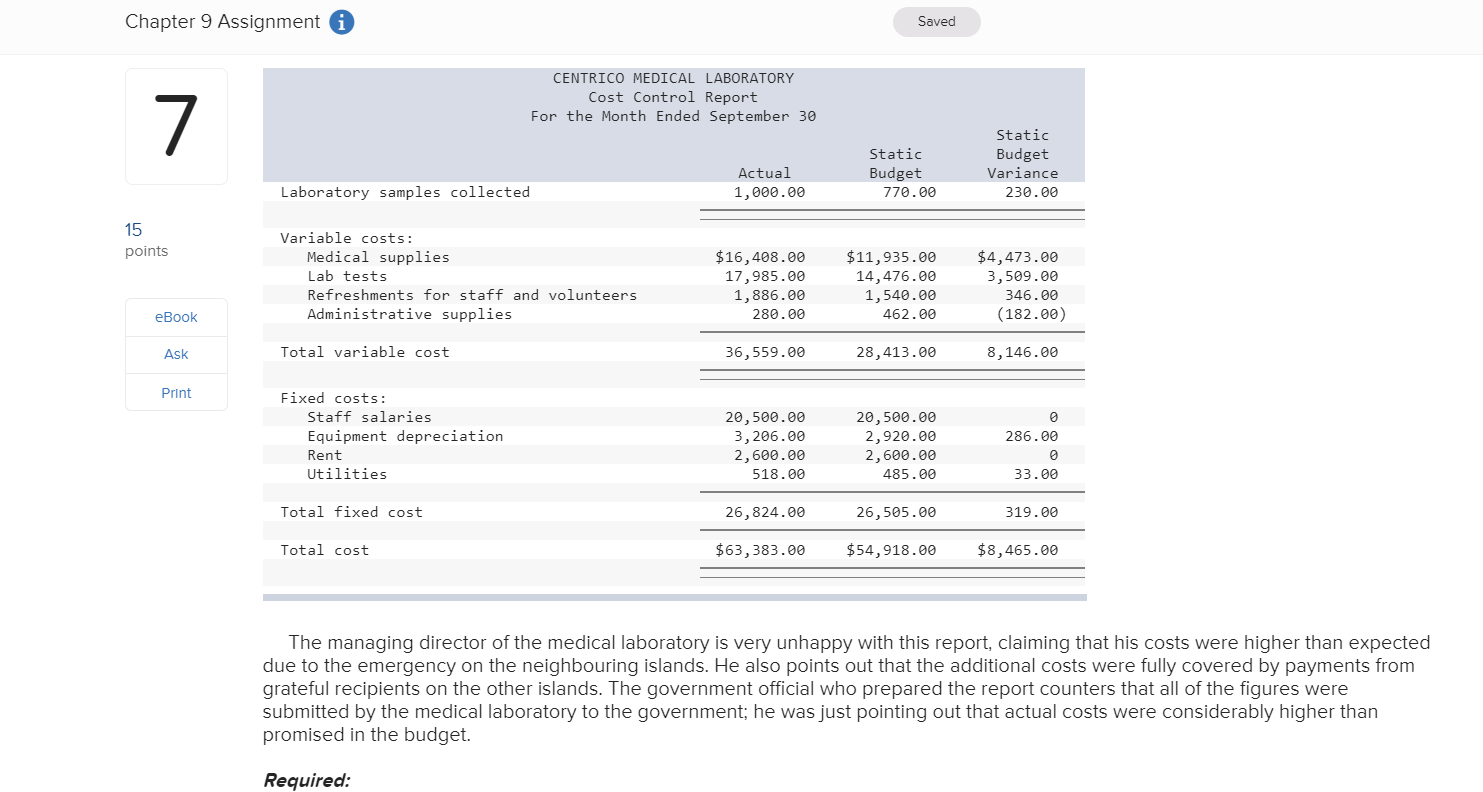 Approach (LO3, L04] 15 points The Centrico Medical Laboratory, a government-sponsored charity,
