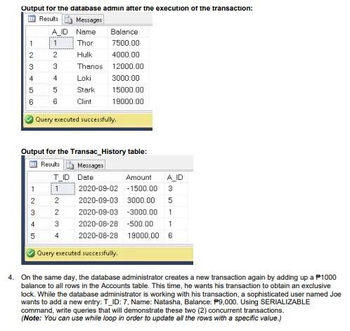Query executed successfully. Output for the database admin after the execution of