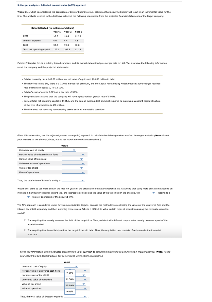  5. Merger analysis - Adjusted present value (APV) approach Wizard Inc.,