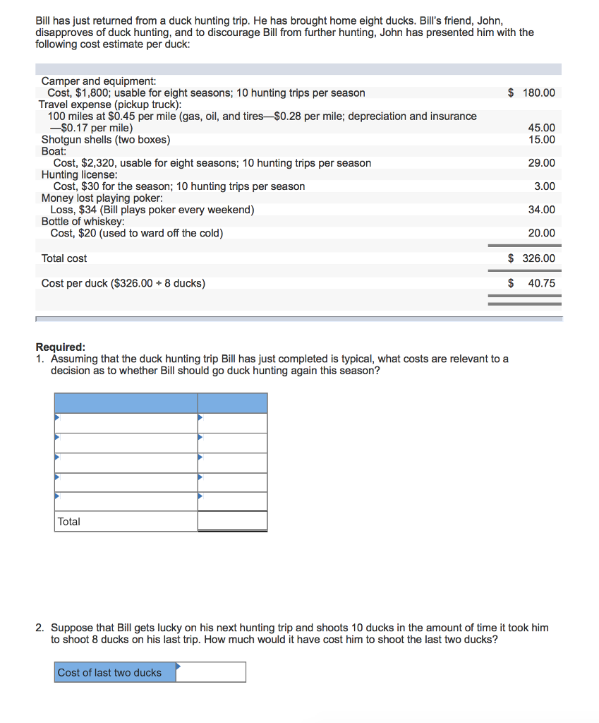 I need help with this! Bill has just returned from a duck